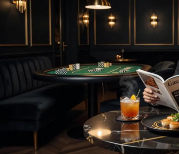 Elegáns étterem belső tere gyertyafényben, háttérben társasági poker est jelképes zsetonokkal.