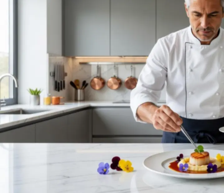 Chef a Guide City Hub konyhájában, szezonális fogást készítve