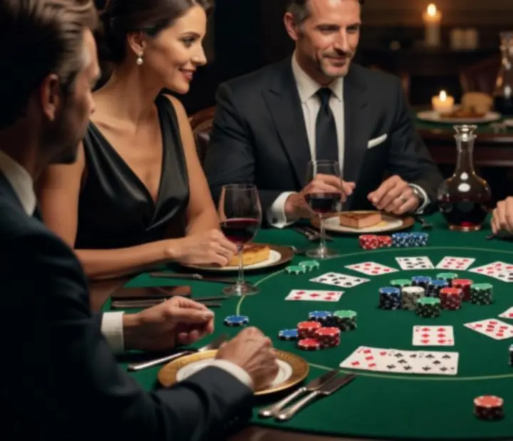 Elegáns, gyertyafényes poker asztal boutique éttermi környezetben