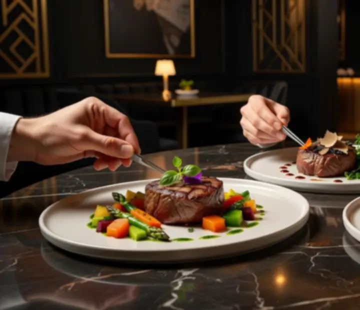 Elegánsan tálalt gourmet főfogás a Guide City Hub étteremben