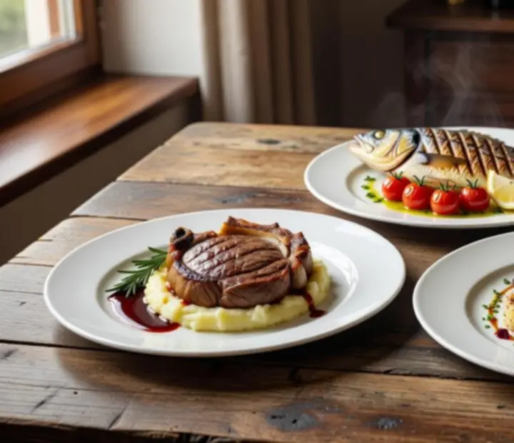 Prémium steak és friss hal főételek elegáns tálalása