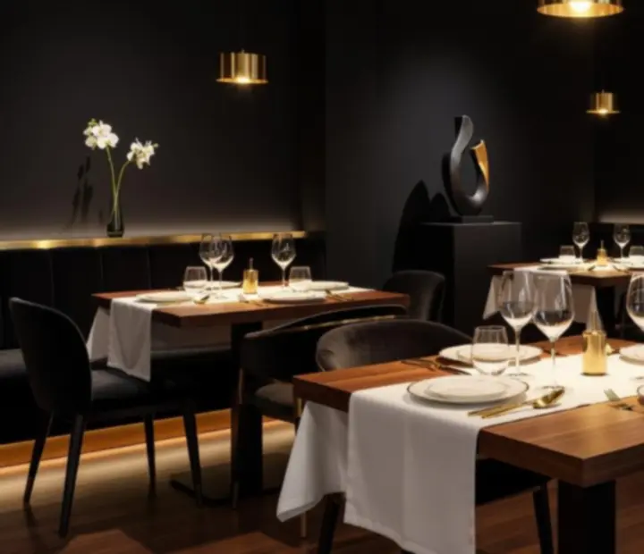 Modern, elegáns boutique étterem belső tér meleg fényekkel