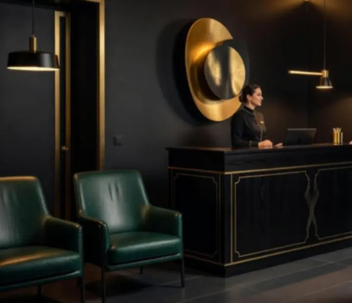 Elegáns, félhomályos boutique étterem terített asztalokkal Budapesten