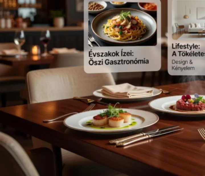 Elegáns tálalású gourmet fogások egy sötét márványasztalon.
