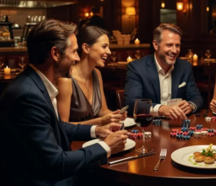 Mosolygó vendégek elegáns asztalnál, jelképes poker zsetonokkal és gourmet fogásokkal.