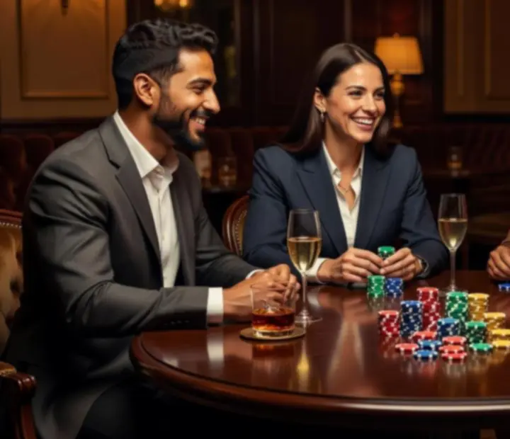 Barátságos társaság pokerasztalnál, szimbolikus zsetonokkal egy elegáns étteremben