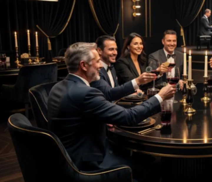Barátságos offline poker est elegáns éttermi környezetben, szimbolikus zsetonokkal