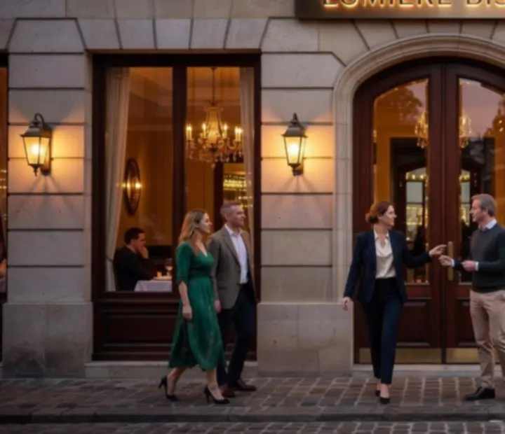 A Guide City Hub boutique étterem esti, kivilágított utcafrontja