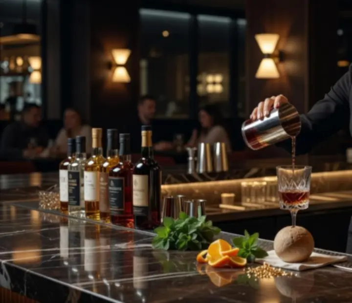Bartender signature koktélt készít elegáns bárpultnál